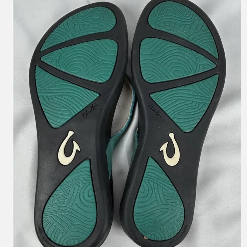 Olukai Ho'Opio Turquoise Black Leather Flip Flops Thongs Sandals Womens 7 - Picture 4 of 5